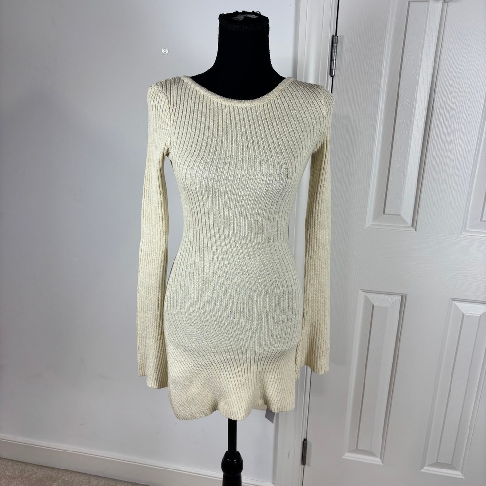 Princess Polly Osment Long Sleeve Ribbed‎ Knit Mini Dress Cream XS/S New